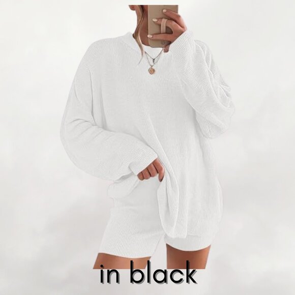 NEW ANRABESS 2-Pc Lounge Casual Set - Long Sleeve Ribbed Sweater Top and Shorts - Picture 1 of 5